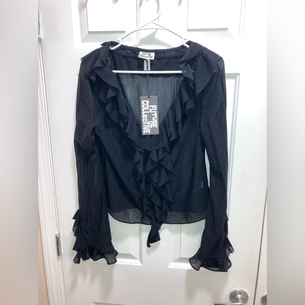 Future Collective Women's Ruffle Long Sleeve V Neck Blouse Black sheer Size S - Picture 2 of 4